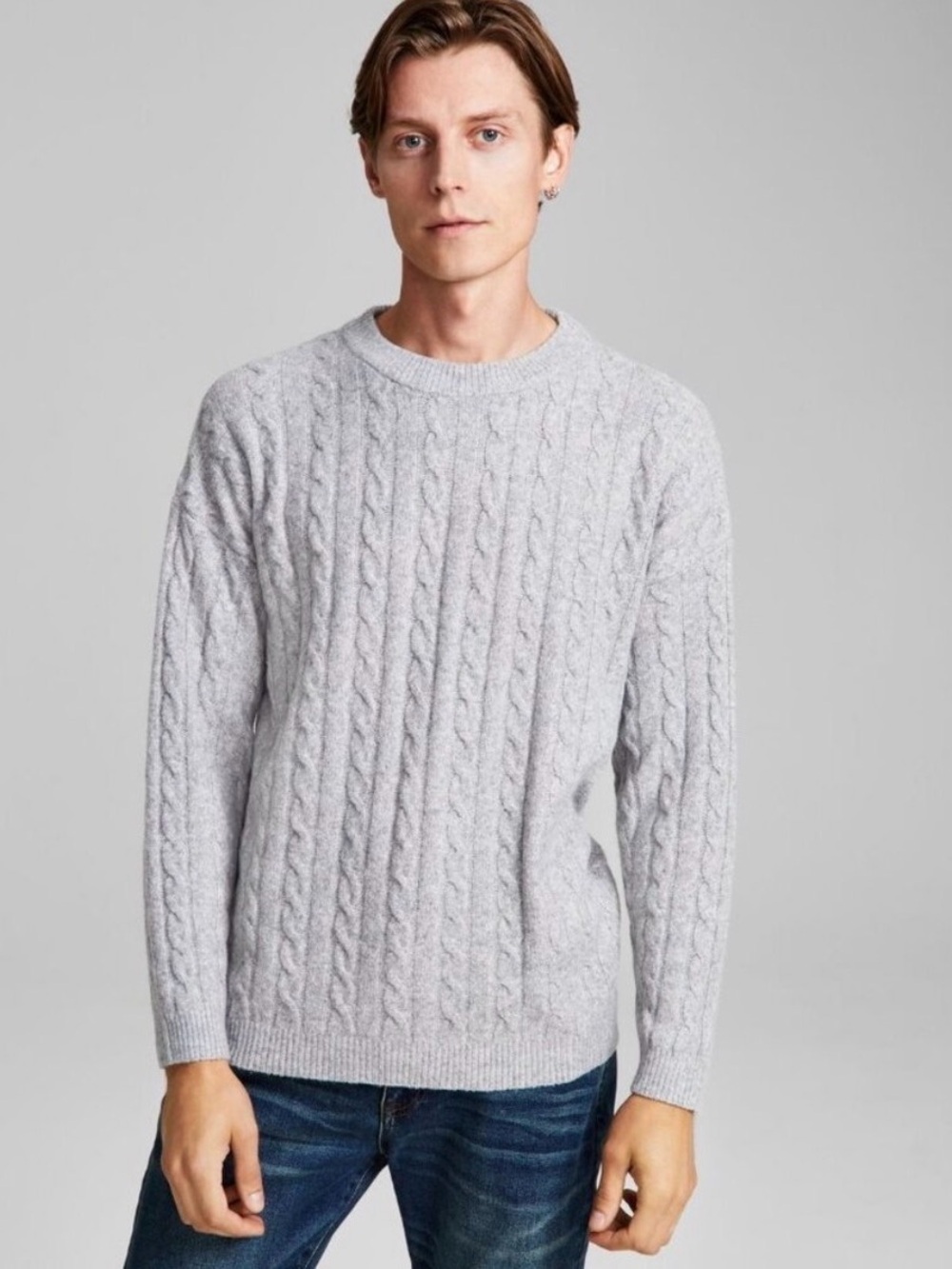 And Now This Men's Regular-Fit Cable-Knit Crewneck Sweater Heather Grey Size M